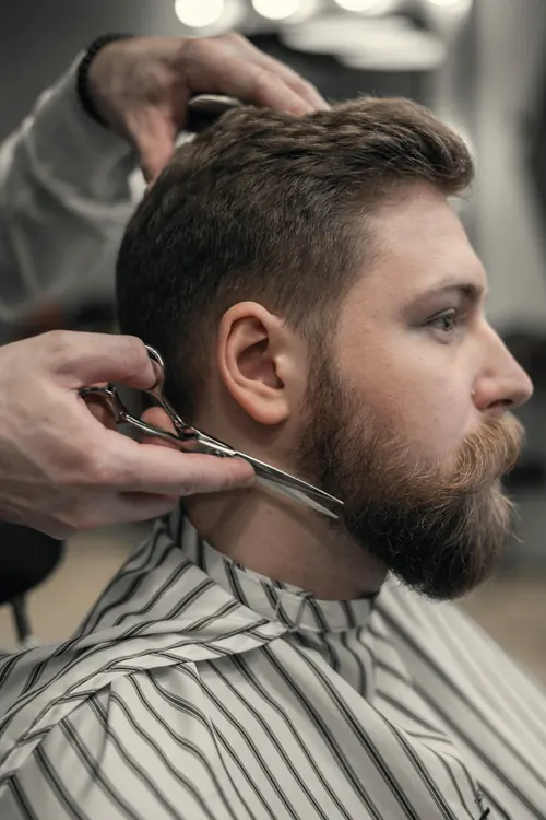Barber podcina nożyczkami rudą brodę klienta z boku