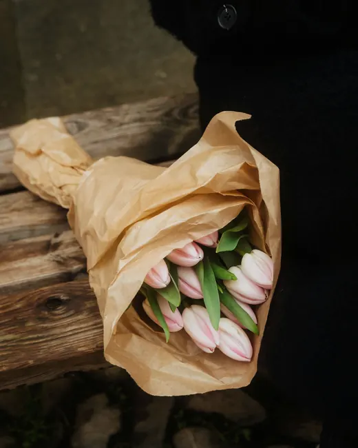 Różowe tulipany zawinięte w papier pakowy, trzymane przy drewnianej ławce